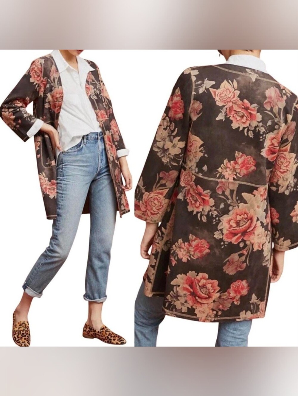 Anthropologie Monarc Emile Floral Faux Suede Duster Kimono Jacket Small